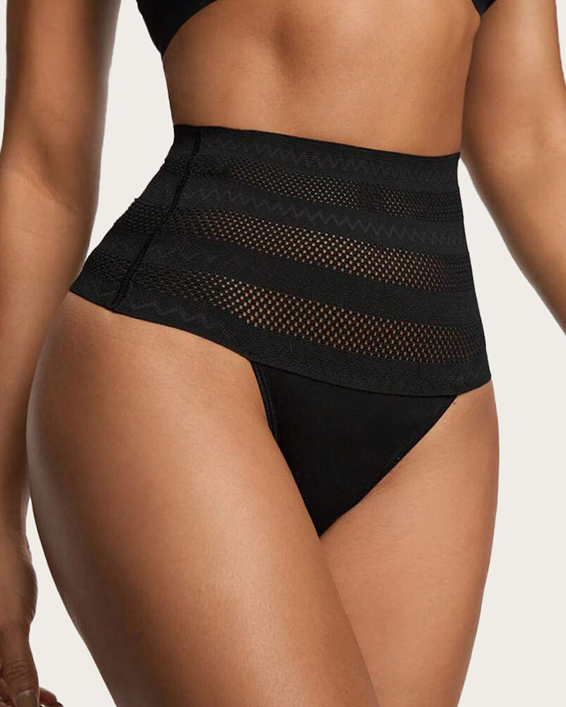 Bellvian black high waist thong shapewear with seamless tummy control support and invisible waist sculpting designed to smooth lower belly lines and create a flattering hourglass silhouette under dresses and fitted clothing, ideal for UK shoppers searching for slimming control panties and shapewear thongs