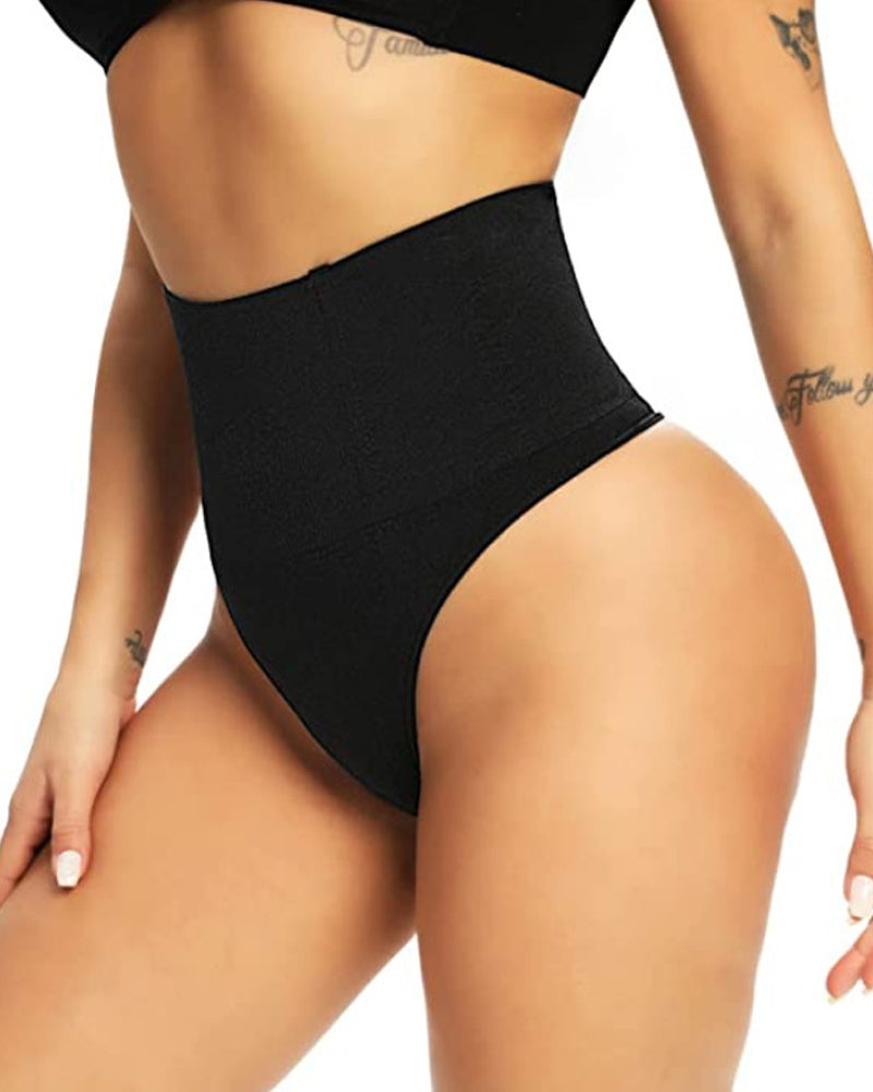 Bellvian black high waist thong shapewear with tummy control compression and seamless body sculpting support, designed for stomach flattening, waist slimming, invisible shaping under dresses and hourglass contour enhancement for women in the UK