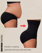 Bellvian black high waist tummy control shapewear briefs featuring strong waist slimming compression and seamless body sculpting support designed to flatten lower belly and create a smooth hourglass silhouette under dresses, leggings and tight outfits, highly searched in the UK for slimming shapewear panties and invisible control underwear