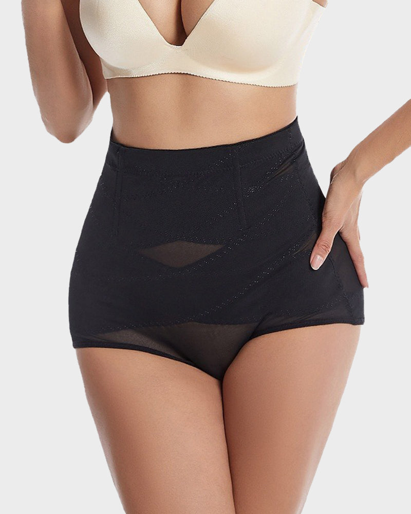 Bellvian black high waist tummy control shaping briefs with seamless body sculpting compression and waist slimming support, designed for stomach flattening, postpartum shaping, invisible contour smoothing and hourglass silhouette enhancement in the UK
