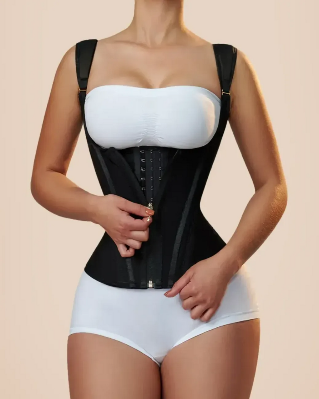 Bellvian black hourglass waist trainer corset with seamless tummy compression and sculpting waist support, designed for waist reduction, postpartum body shaping, stomach flattening and invisible contour support under outfits in the UK