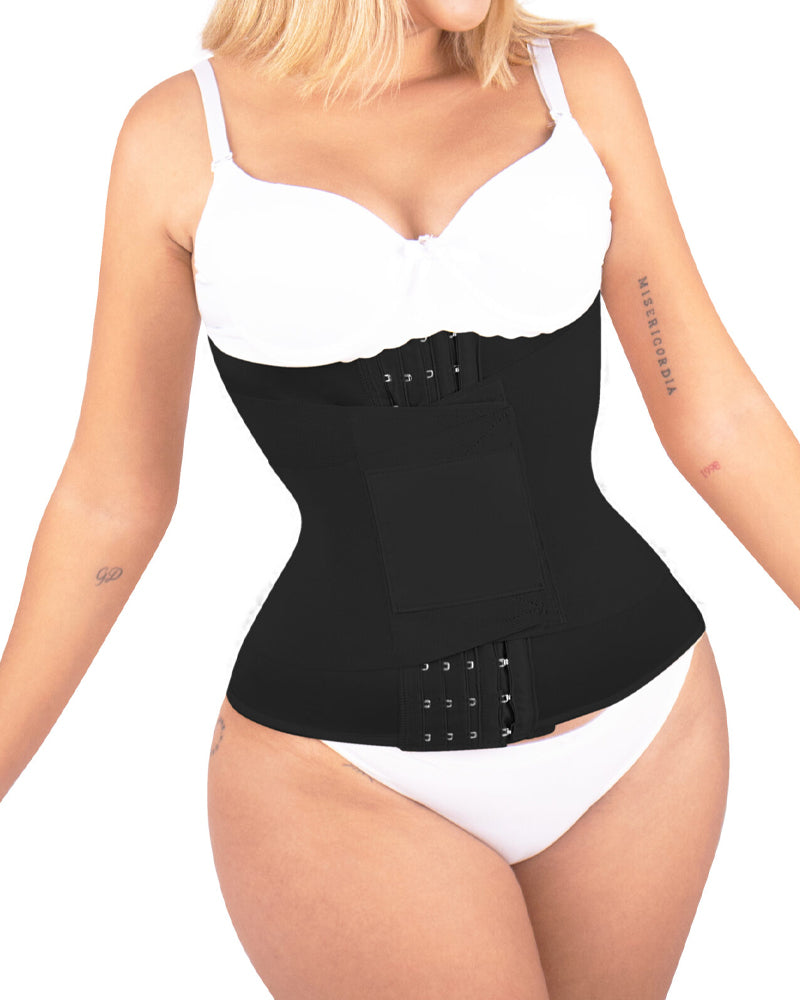 Bellvian black hourglass waist trainer with seamless tummy compression and sculpting sweat support, designed for waist reduction, postpartum shaping, workout support and invisible slimming under outfits in the UK