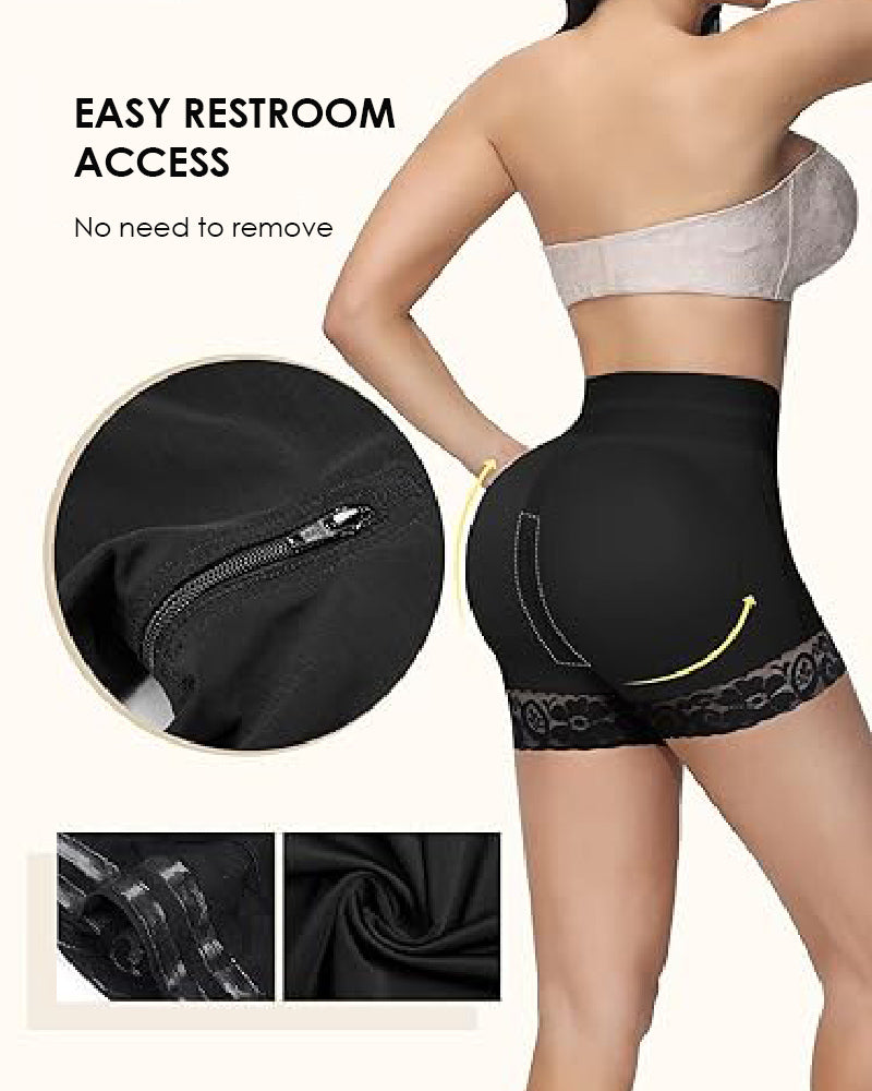 Bellvian black open crotch zipper shapewear shorts with high waist tummy control and butt lifting compression featuring easy restroom access design, breathable sculpt fabric and anti slip lace bands for seamless body shaping comfort