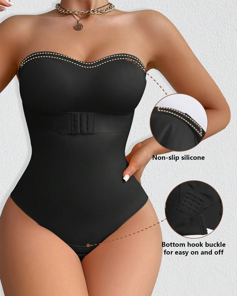Bellvian black seamless tummy control bodysuit with strapless sculpting fit and waist trainer compression support, designed for stomach flattening, postpartum body shaping, back smoothing and invisible support under evening dresses in the UK