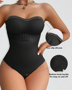 Bellvian black seamless tummy control bodysuit with strapless sculpting fit and waist trainer compression support, designed for stomach flattening, postpartum body shaping, back smoothing and invisible support under evening dresses in the UK