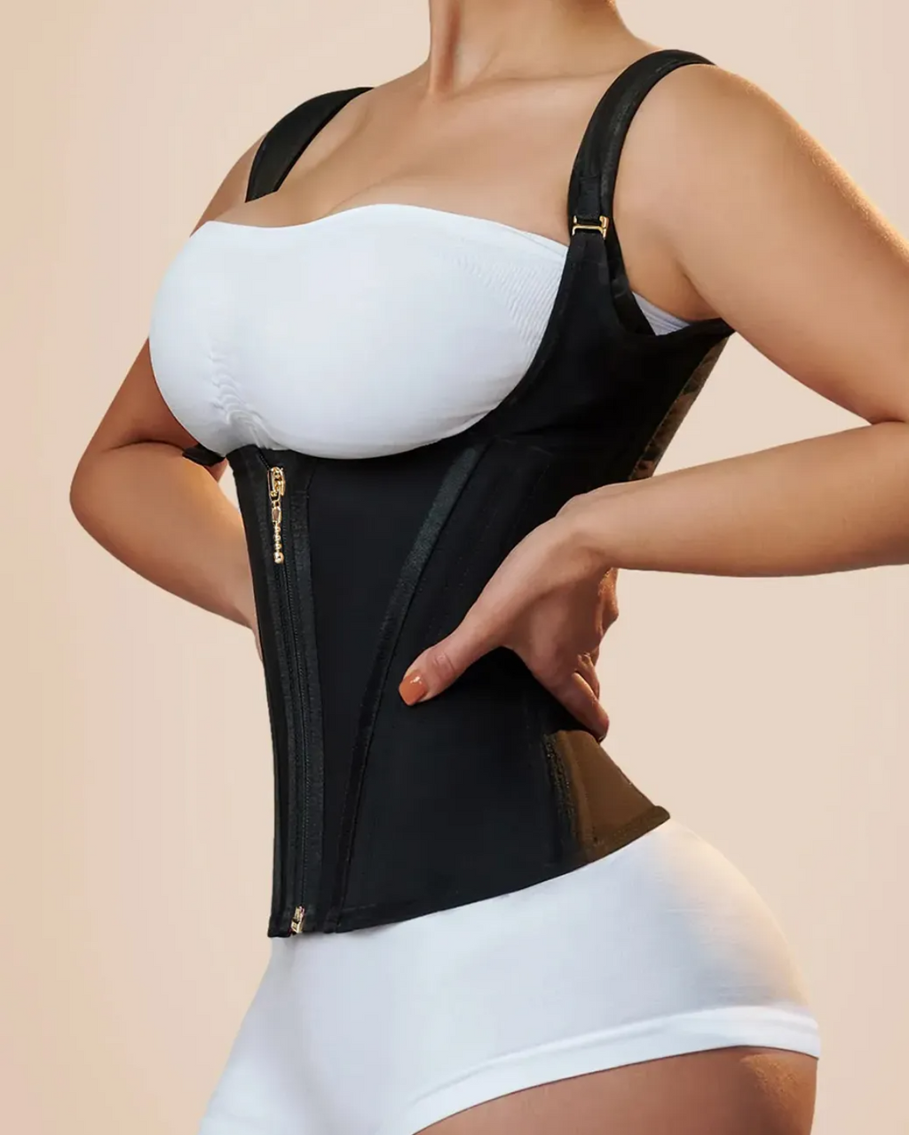 Bellvian black side sculpting waist trainer corset with seamless tummy compression and waist slimming support, designed for hourglass contour shaping, postpartum body sculpting and invisible support under dresses in the UK