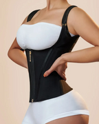 Bellvian black side sculpting waist trainer corset with seamless tummy compression and waist slimming support, designed for hourglass contour shaping, postpartum body sculpting and invisible support under dresses in the UK