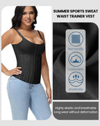 Bellvian black sports sweat waist trainer corset with breathable compression fabric and thermal slimming support, designed for workout waist shaping, tummy control, fat burning sweat support and postpartum contour sculpting in the UK