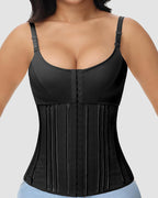 Bellvian black steel bone waist trainer corset with tummy control compression and hourglass sculpting support, designed for waist slimming, postpartum shaping, back support, stomach flattening and body contour sculpting for women in the UK