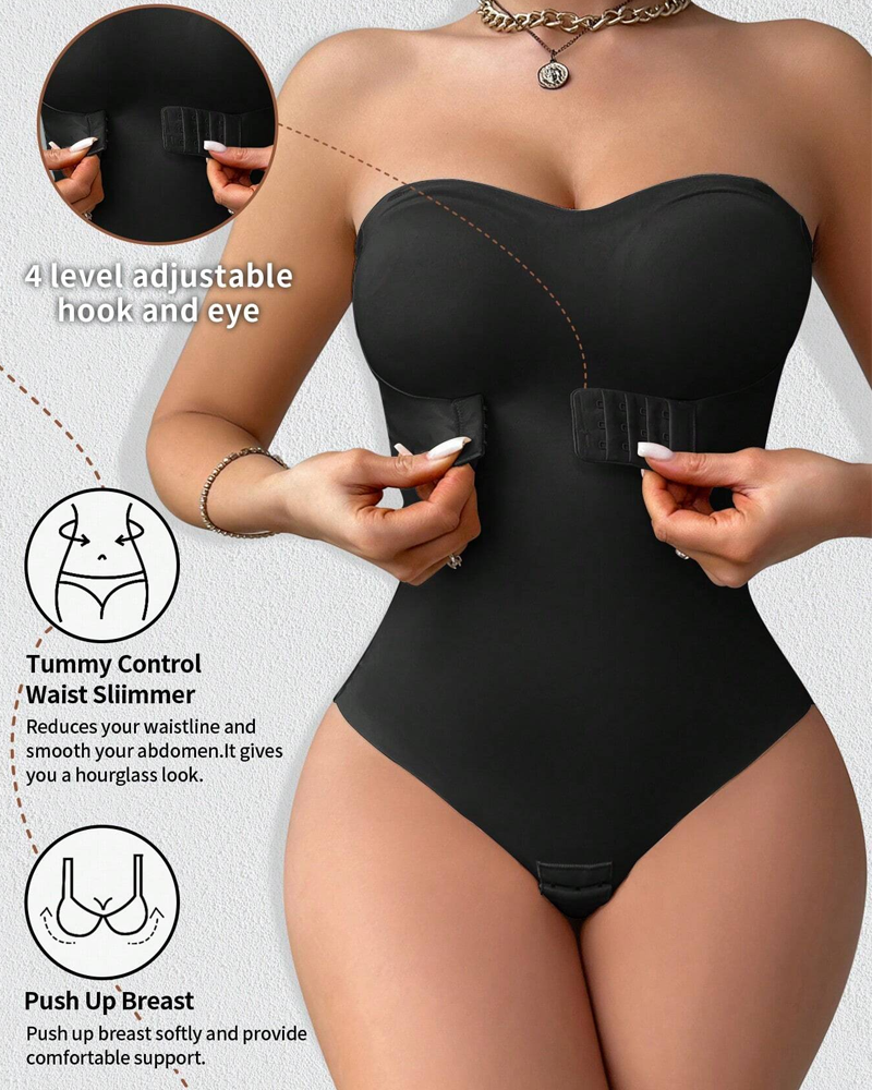 Bellvian black strapless waist trainer shapewear bodysuit with tummy control compression and push up sculpt support, designed for hourglass shaping, body contour slimming, seamless posture support and invisible shapewear under dresses in the UK