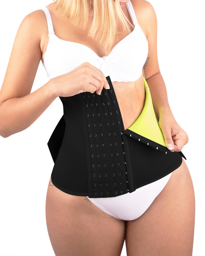 Bellvian black thermal waist trainer with sweat boosting compression support and tummy control shaping fit, designed for fat burning workouts, postpartum waist slimming, stomach flattening and body contour sculpting for women in the UK
