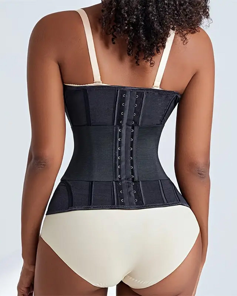 Back view of black waist trainer corset with adjustable hook closure and compression fit, shapewear for posture support, tummy control and waist shaping UK