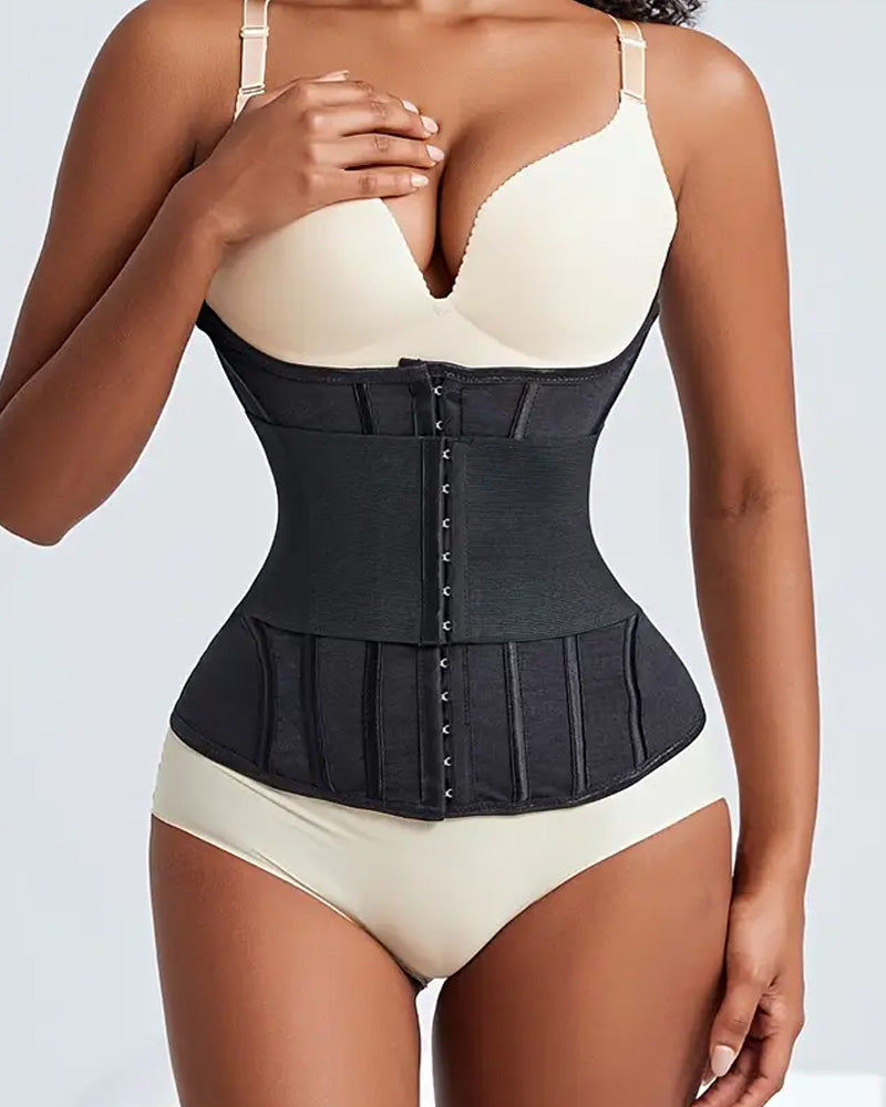Black waist trainer corset with steel boning and front hook closure, high compression shapewear for tummy control, waist slimming and flat stomach appearance, hourglass body shaper UK