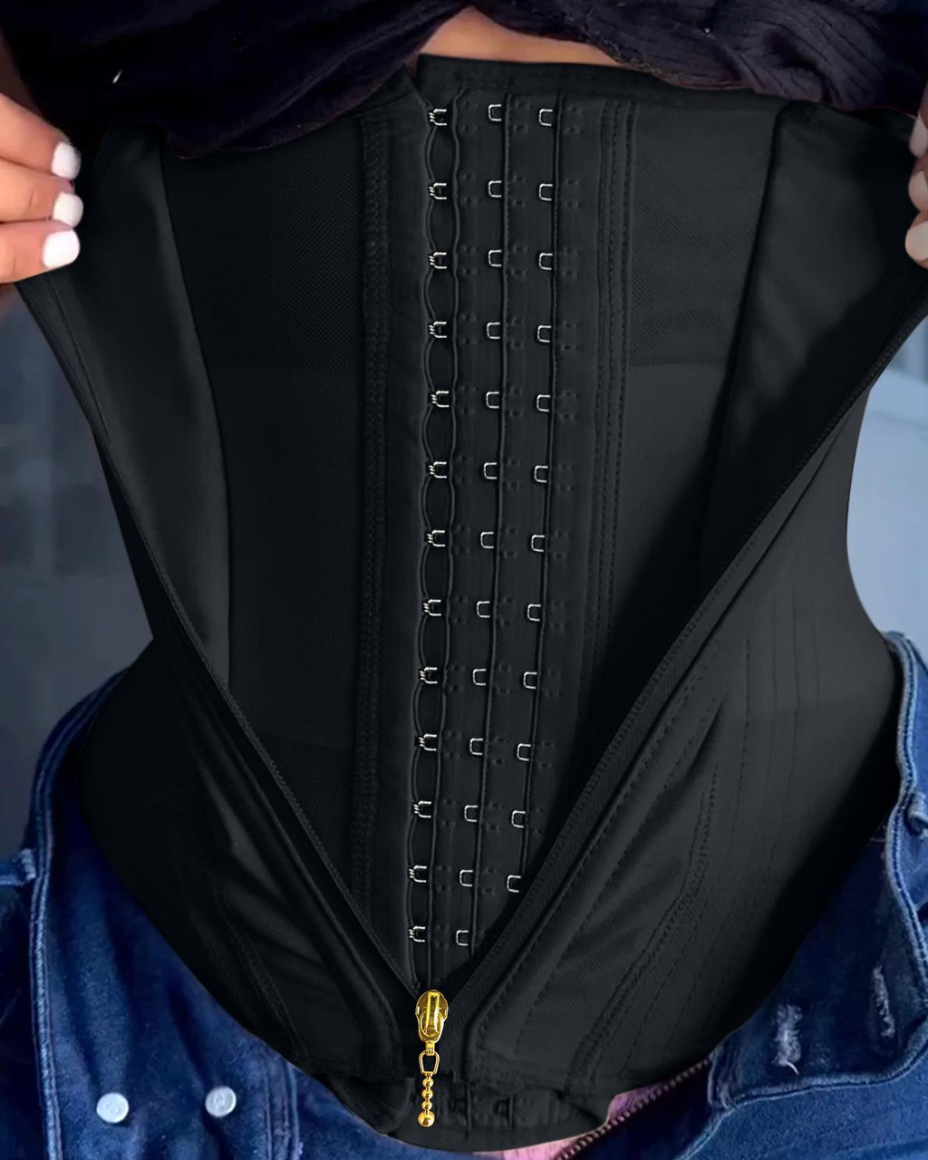 Bellvian black waist trainer corset with seamless tummy control compression and sculpting hourglass support, designed for waist slimming, postpartum shaping, stomach flattening and body contour sculpting under outfits in the UK