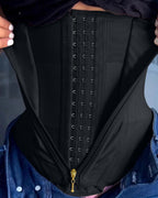 Bellvian black waist trainer corset with seamless tummy control compression and sculpting hourglass support, designed for waist slimming, postpartum shaping, stomach flattening and body contour sculpting under outfits in the UK