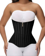 Black strapless waist trainer corset with steel boning, slimming body shaper for waist cinching and hourglass figure, women shapewear UK