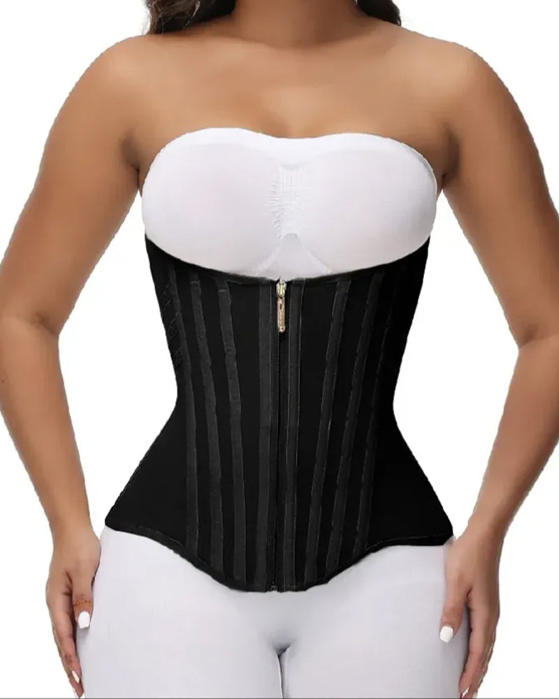 Black strapless waist trainer corset with steel boning, slimming body shaper for waist cinching and hourglass figure, women shapewear UK