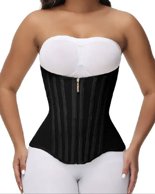 Black strapless waist trainer corset with steel boning, slimming body shaper for waist cinching and hourglass figure, women shapewear UK