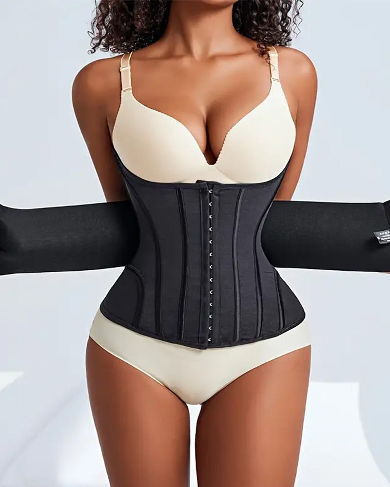 Black waist trainer corset with high compression and steel boning, tummy control shapewear for waist slimming and hourglass body shaping UK