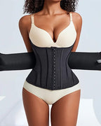 Black waist trainer corset with high compression and steel boning, tummy control shapewear for waist slimming and hourglass body shaping UK