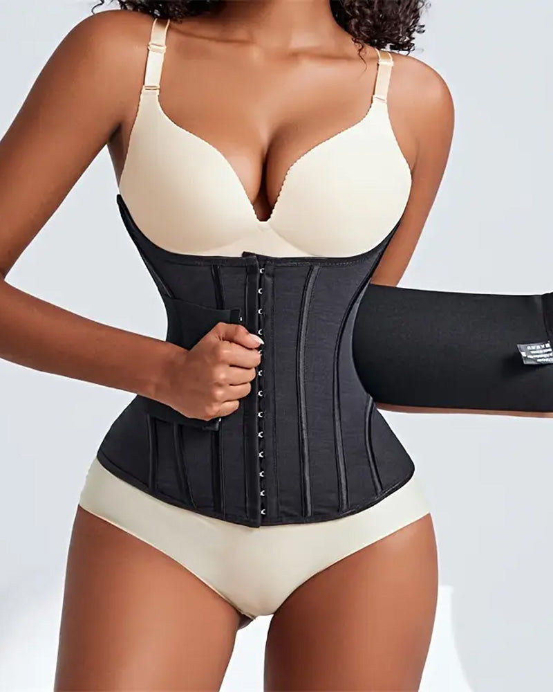 Black waist trainer corset with adjustable wrap belt and compression design, tummy control shapewear for postpartum recovery, waist slimming and body contouring UK
