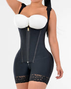 Black full body shapewear with waist trainer corset and front zipper closure, high compression tummy control garment for flat stomach and slimming body shaping UK