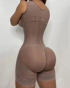 Back view of brown full body shapewear with butt lifting design and seamless sculpting fit, high compression shorts for shaping curves and enhancing silhouette UK