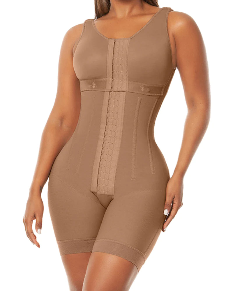 Brown full body shapewear bodysuit with compression fit for tummy control, postpartum body shaping and waist slimming effect, seamless design for invisible wear under clothes UK