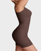 Bellvian brown seamless full body shapewear bodysuit with tummy flattening compression and sculpting hourglass fit, designed for postpartum body shaping, waist slimming, butt lifting and invisible contour smoothing under tight dresses for women in the UK