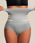 Bellvian grey seamless high waist shapewear briefs with strong tummy control compression, butt lifting support and waist sculpting design created for smooth hourglass shaping under dresses, leggings and tight outfits, highly searched in the UK for slimming shapewear panties and invisible body shapers