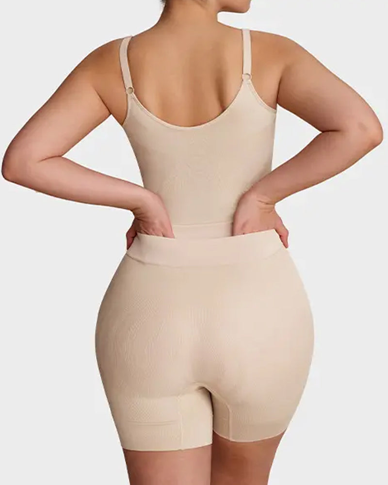 Bellvian™ high-waisted bodysuit in nude, showcasing the full-back coverage designed to smooth back bulges and provide lumbar support, ideal for postpartum recovery and posture correction.