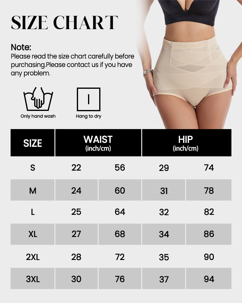 Bellvian high waist shapewear size chart for tummy control shaping briefs, designed to help choose the perfect fit for waist slimming, body contour shaping and seamless everyday shapewear support in the UK