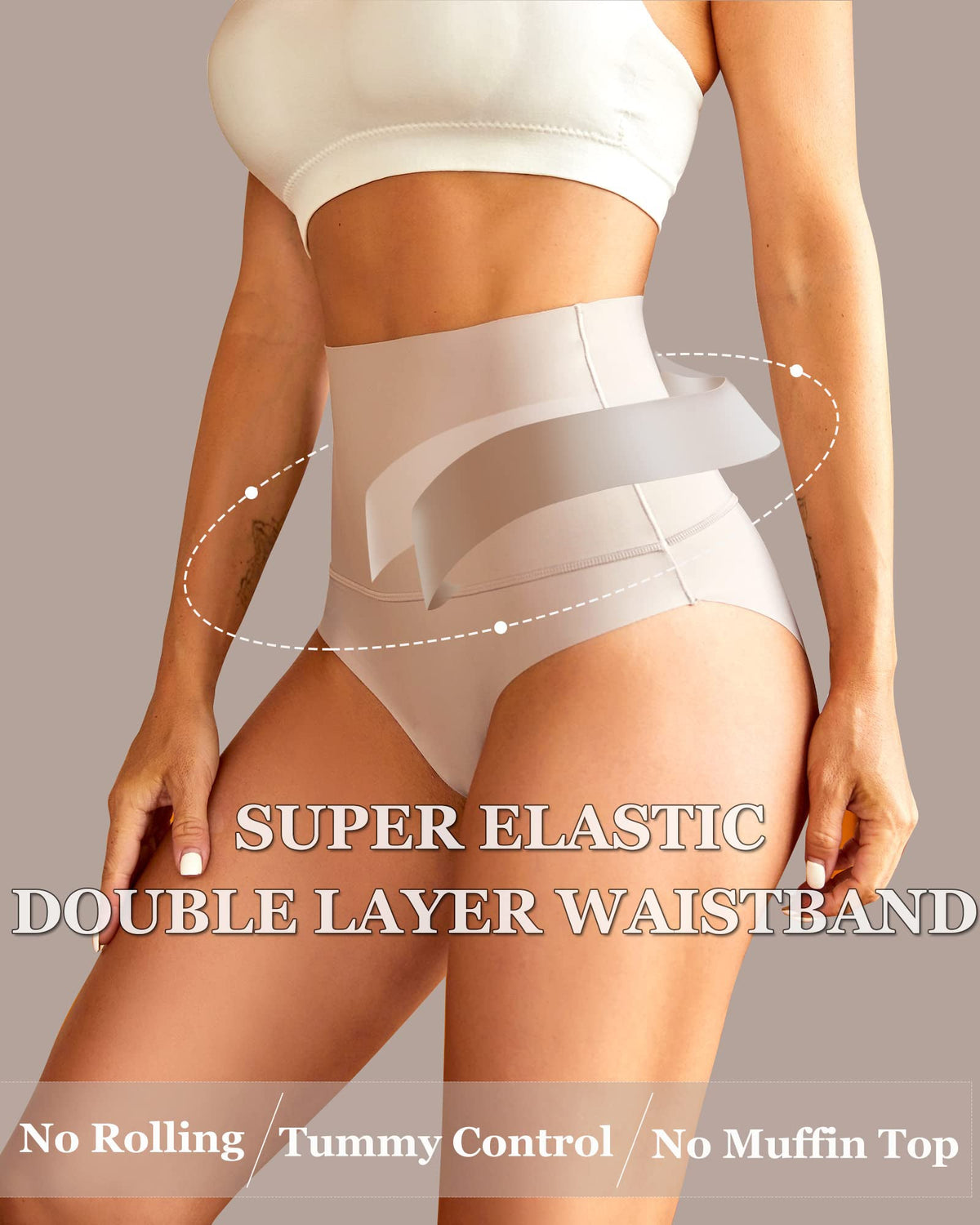 Bellvian nude double layer waistband high waist tummy control shapewear panties with no roll seamless compression designed to flatten lower belly, smooth muffin top and sculpt a slimmer hourglass silhouette under dresses, leggings and fitted outfits