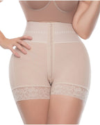 Bellvian nude front zip high compression shapewear shorts with waist slimming support and sculpting tummy control designed to flatten stomach, smooth curves and enhance body shape for invisible wear under dresses and everyday outfits