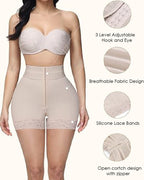 Bellvian nude high waist body sculpting shapewear shorts with adjustable hook closure, breathable compression fabric and lace butt lifting support designed to smooth waistline and create a flattering feminine silhouette