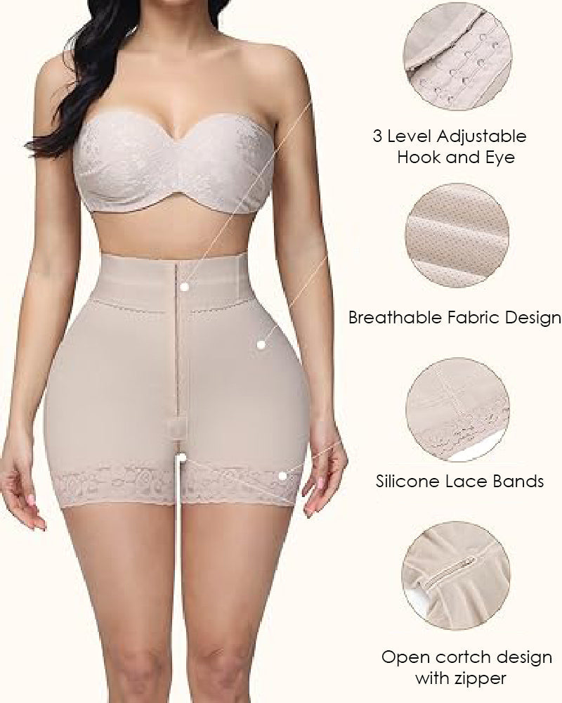 Bellvian nude high waist body sculpting shapewear shorts with adjustable hook closure, breathable compression fabric and lace butt lifting support designed to smooth waistline and create a flattering feminine silhouette