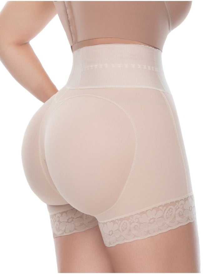 Bellvian nude lace trim butt lifting shapewear shorts featuring seamless tummy control compression and curve enhancing sculpt support designed to smooth lower belly and shape hips invisibly under fitted clothing and occasion dresses
