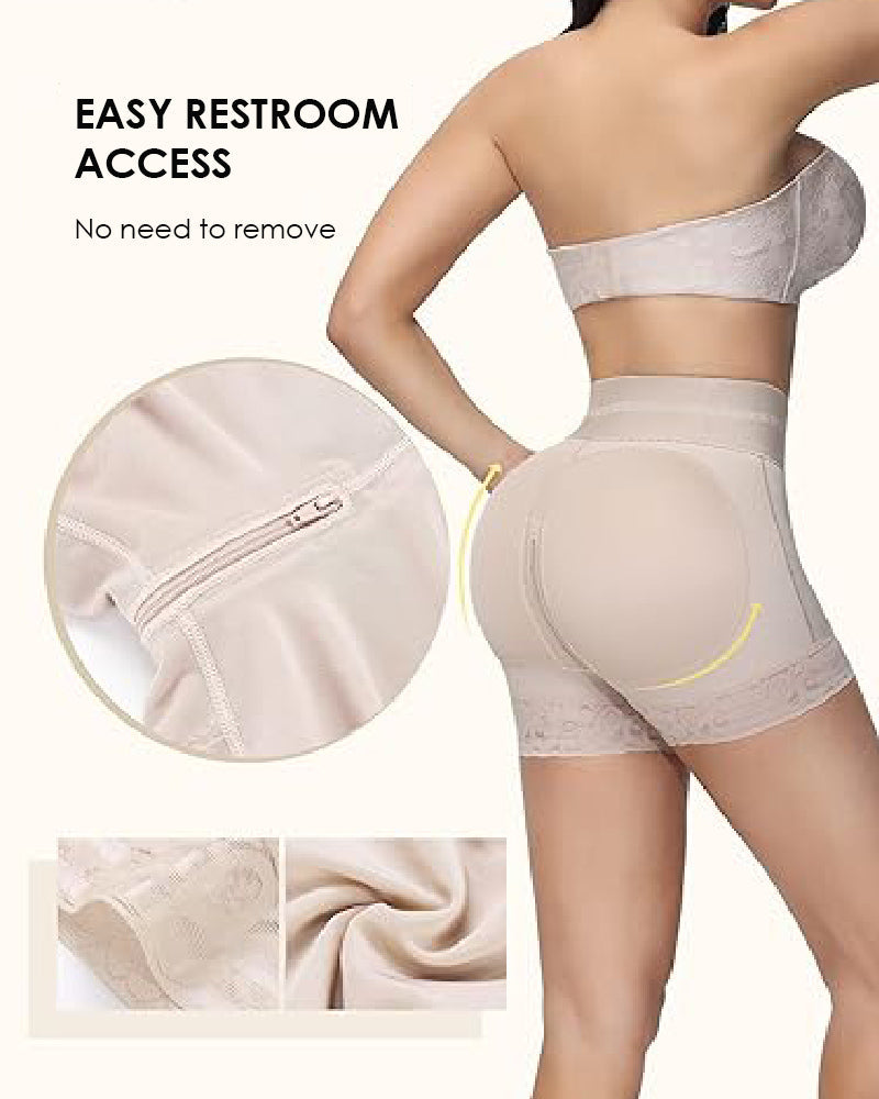 Bellvian nude open crotch zipper shapewear shorts with targeted tummy control and butt lifting compression featuring breathable seamless fabric and invisible body sculpting support for everyday wear and occasion styling