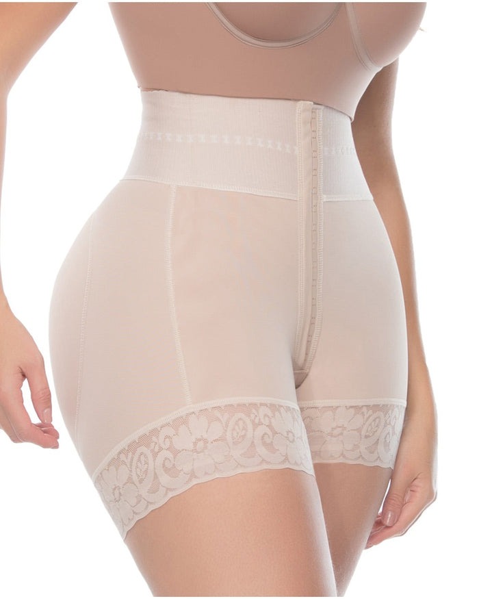 Bellvian nude seamless high waist shapewear shorts with lace thigh support and firm tummy control designed for invisible smoothing, lower belly flattening and curve sculpting under wedding guest dresses and bodycon outfits