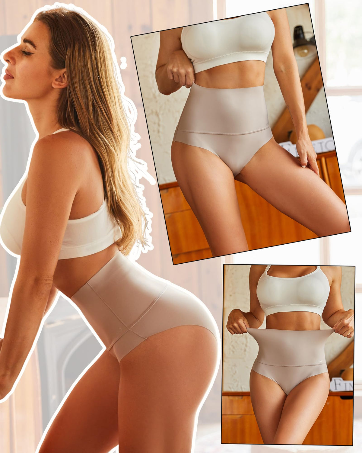 Bellvian nude seamless waist slimming tummy control shapewear lifestyle collage featuring invisible body smoothing compression designed to sculpt curves, flatten stomach and create a confident hourglass silhouette