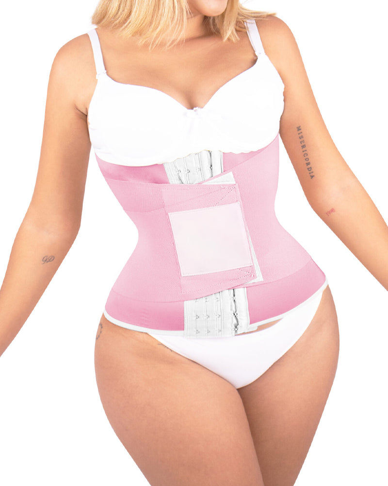 Bellvian pink double compression waist trainer with tummy flattening support and sweat enhancing thermal shaping design, inspired by viral postpartum shapewear trends and designed for waist slimming, workout shaping and body sculpting in the UK
