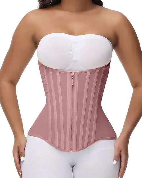 Pink waist trainer corset with front zipper closure, structured boning and strapless design, body shaping hourglass silhouette for women UK