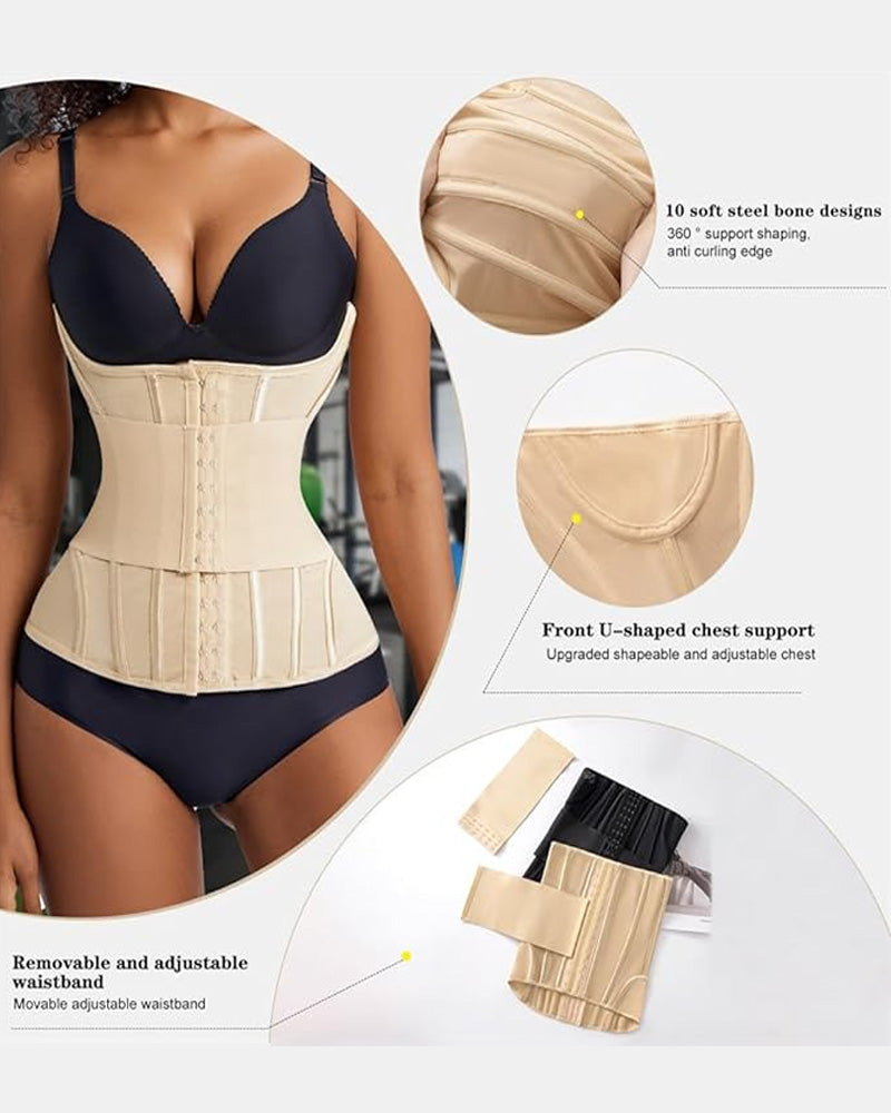 Detail view of steel boned waist trainer corset with hook and zipper closure, high compression shapewear for tummy control and waist shaping UK