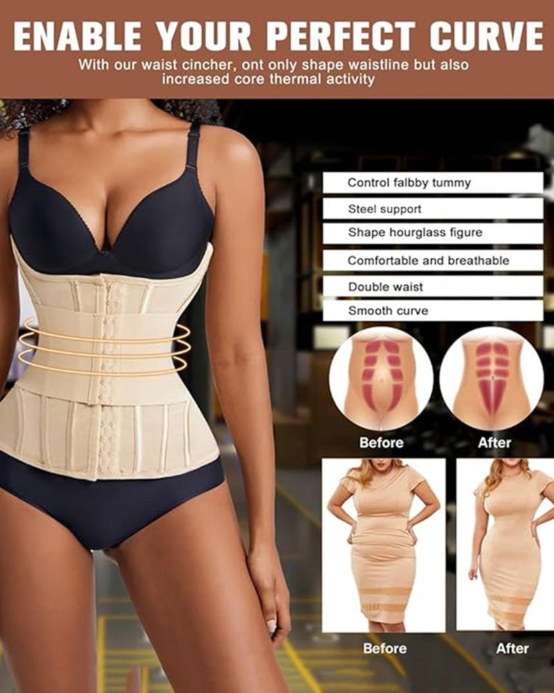 Waist trainer corset infographic showing body shaping and curve enhancement, high compression shapewear for tummy control, postpartum support and waist slimming UK