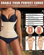 Waist trainer corset infographic showing body shaping and curve enhancement, high compression shapewear for tummy control, postpartum support and waist slimming UK