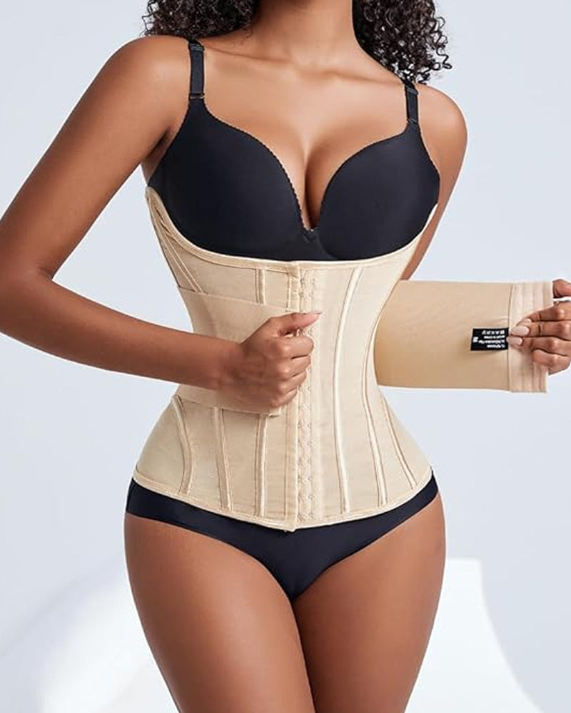 Front view of waist trainer corset with high compression for tummy control and flat stomach appearance, hourglass body shaper UK