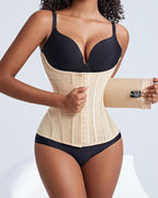 Front view of waist trainer corset with high compression for tummy control and flat stomach appearance, hourglass body shaper UK