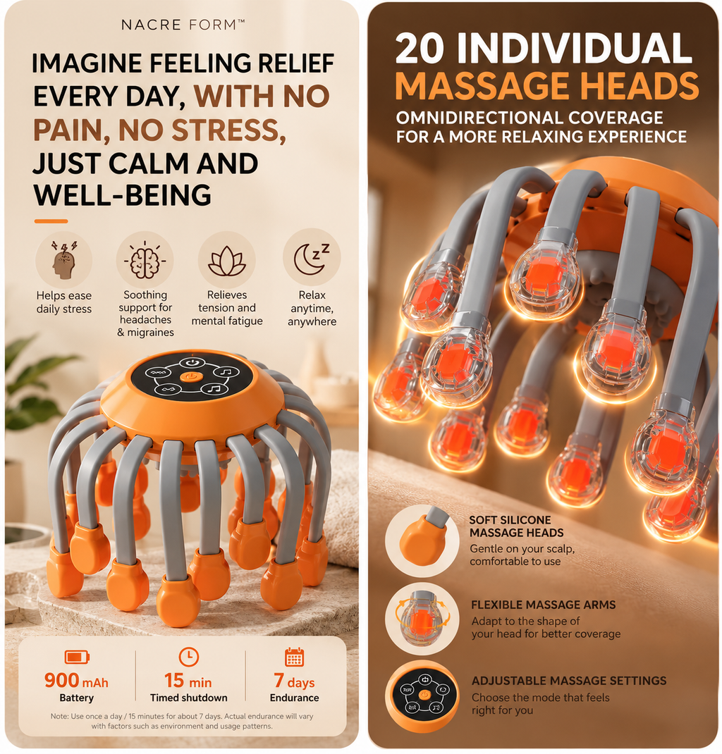 NACRE FORM™ electric head and scalp massager with 20 flexible massage heads and soft silicone tips, designed for a soothing scalp massage to help unwind after stressful days, headaches and mental fatigue.