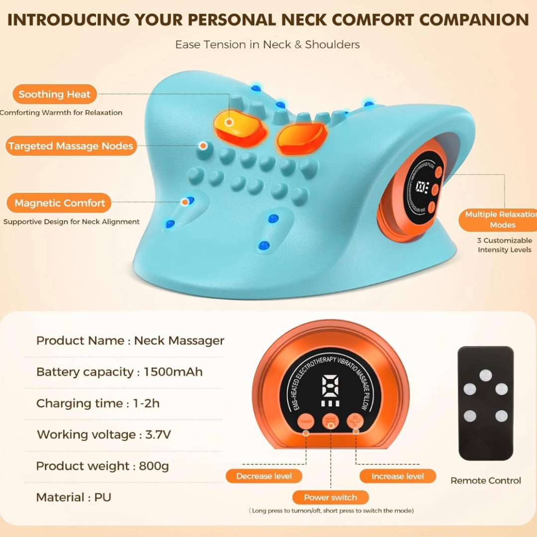 NACRE FORM™ 3-in-1 heated neck massager with EMS technology, vibration, raised massage nodes, adjustable controls and a rechargeable battery, designed for personalised neck and shoulder relaxation.