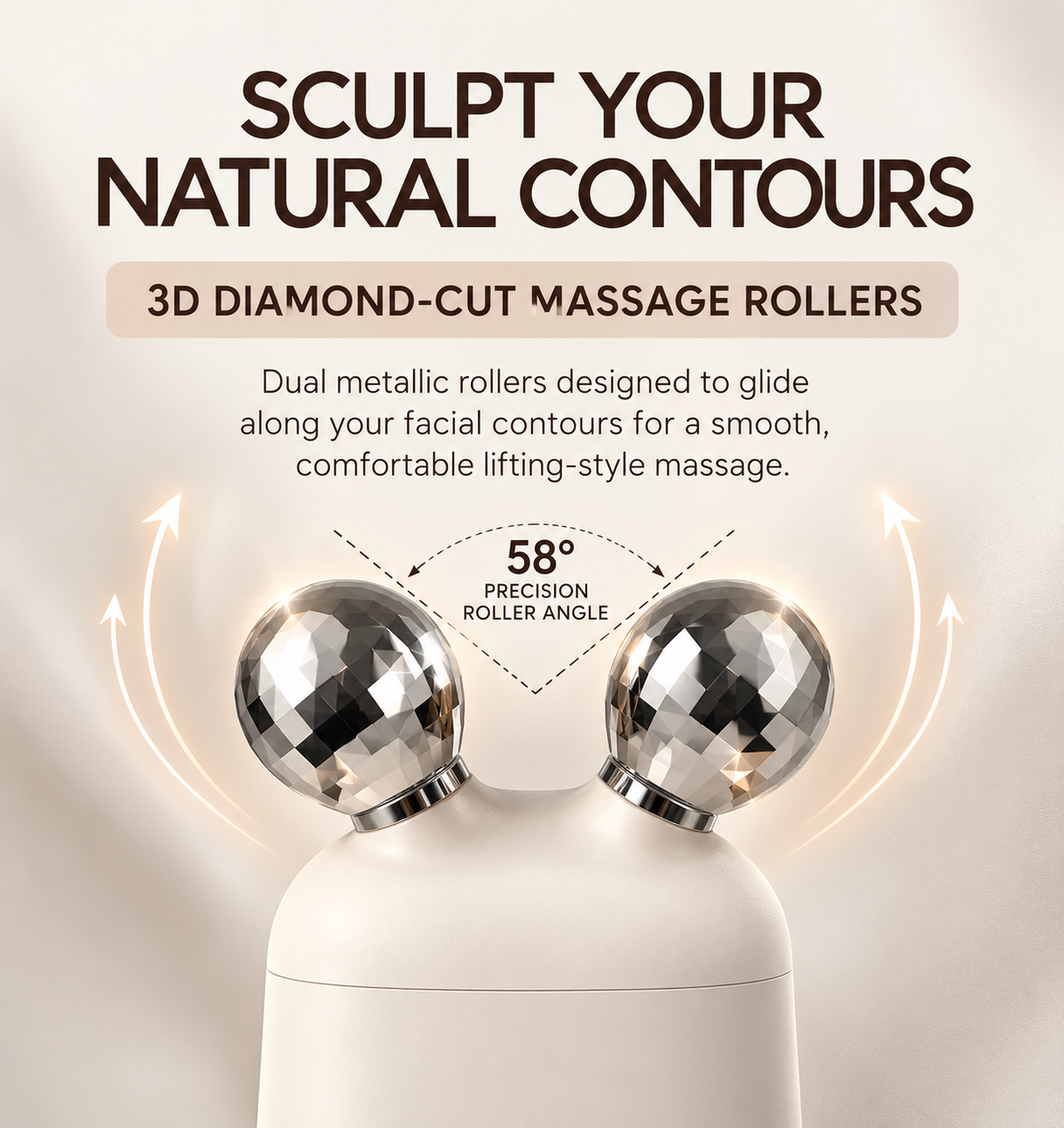 NACRE FORM 3-in-1 RF facial massager featuring dual 3D diamond-cut metallic massage rollers with a 58-degree precision angle. Premium product infographic showing the beige rechargeable electric facial beauty device with two faceted chrome rollers, designed to glide comfortably along the cheeks, jawline and facial contours. The illustration highlights the ergonomic roller design for lifting-style facial massage, face sculpting routines and at-home skincare. Ideal for customers interested in RF facial massage